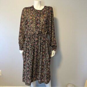 Vintage Floral Midi dress flowy long sleeves earthy tone floral medium size